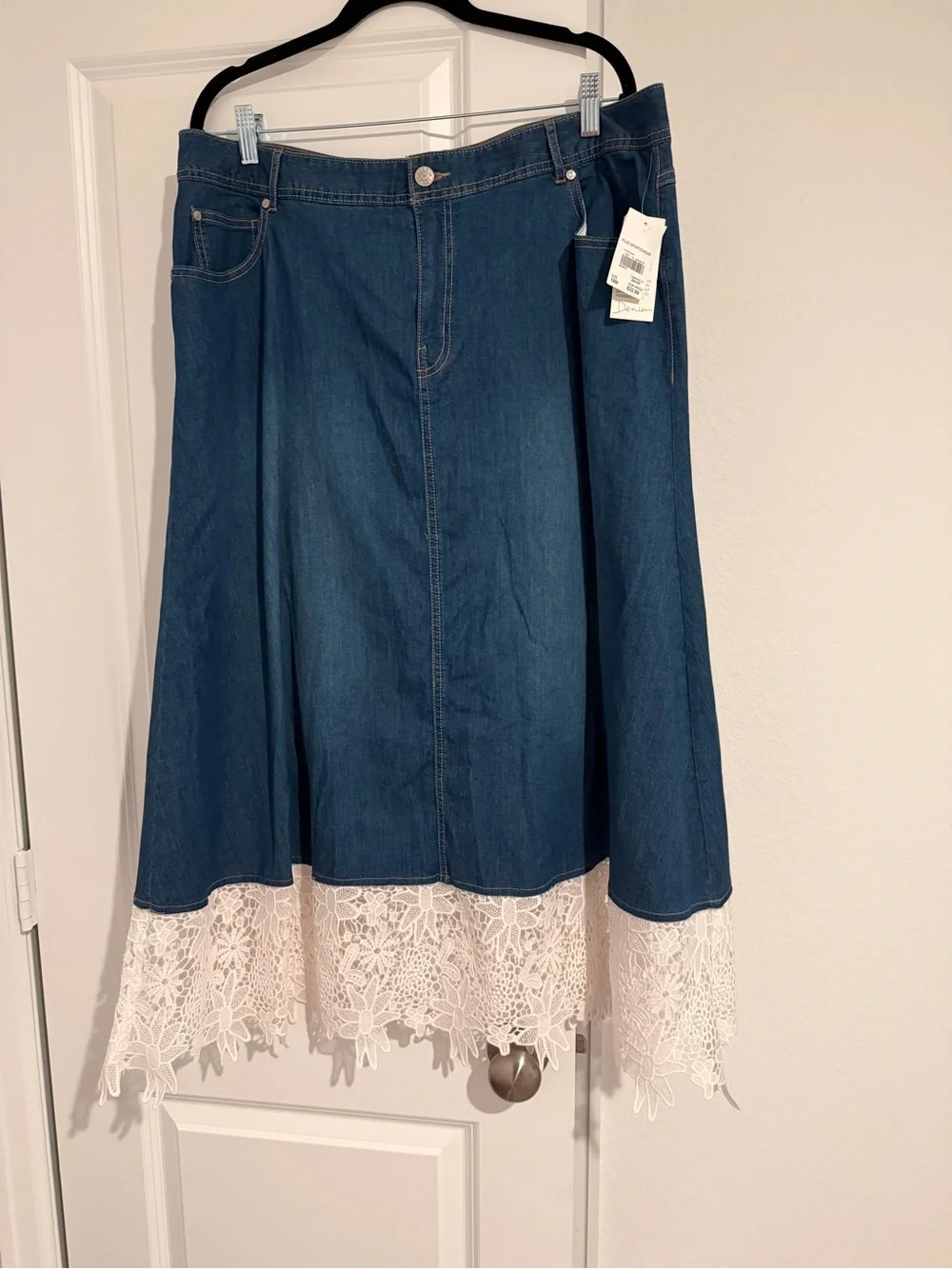 Denim A-Line Skirt with Lace Hem - Blue -
